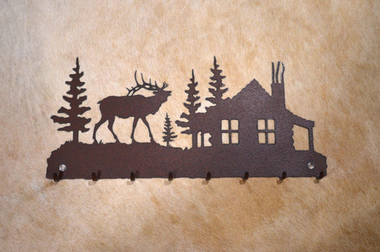 8 Hook Key Hanger Lodge Scene. Metal Wall Hook. Key Holder. Home Decor Gift. Rustic Lodge Accent. Entry Way Organizer. Cabin Pine Cedar Elk