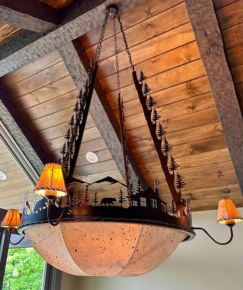 Chandelier Rustic Dome Sheepskin Shade Deer Chandelier Elk Moose Bear Light Mountain Lodge Chandelier Handmade Rustic Light