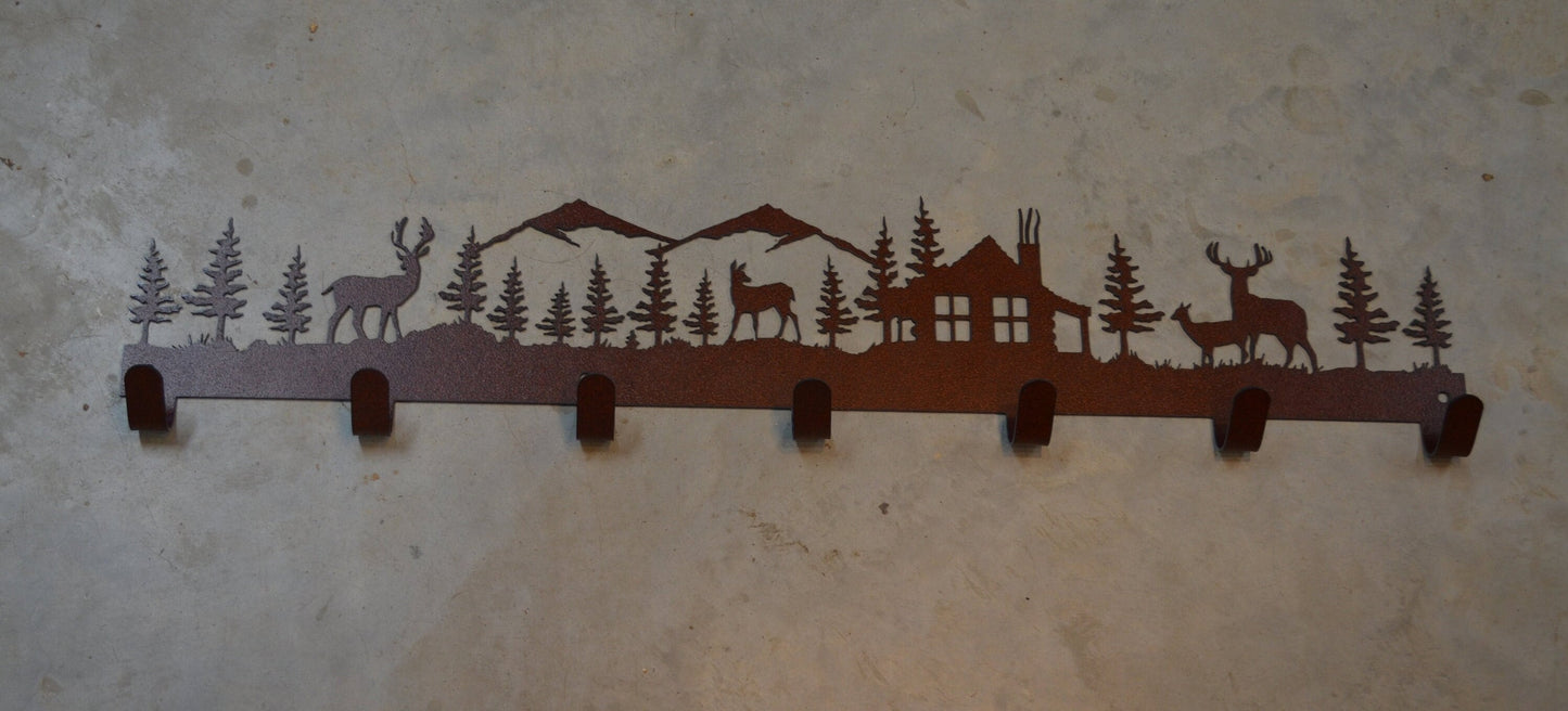 Deer Lodge 7 HooK Wall Art Rustic Lodge Decor Metal Wall Mounted Hooks Buck Doe Towel Hanger Robe Hook Entryway Laundry Hooks Cabin Gift