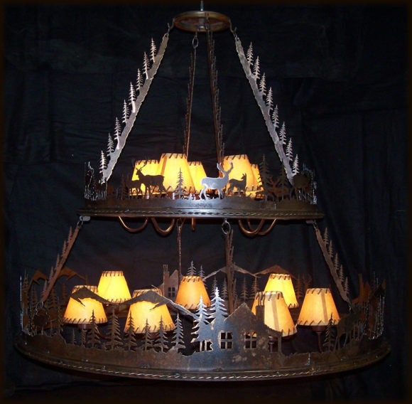 Chandelier Lodge Handmade Light Stunning Large Chandelier Two Tier Mountain Cabin Light Deer Elk Bear Moose Metal Pendant Rustic Art Light