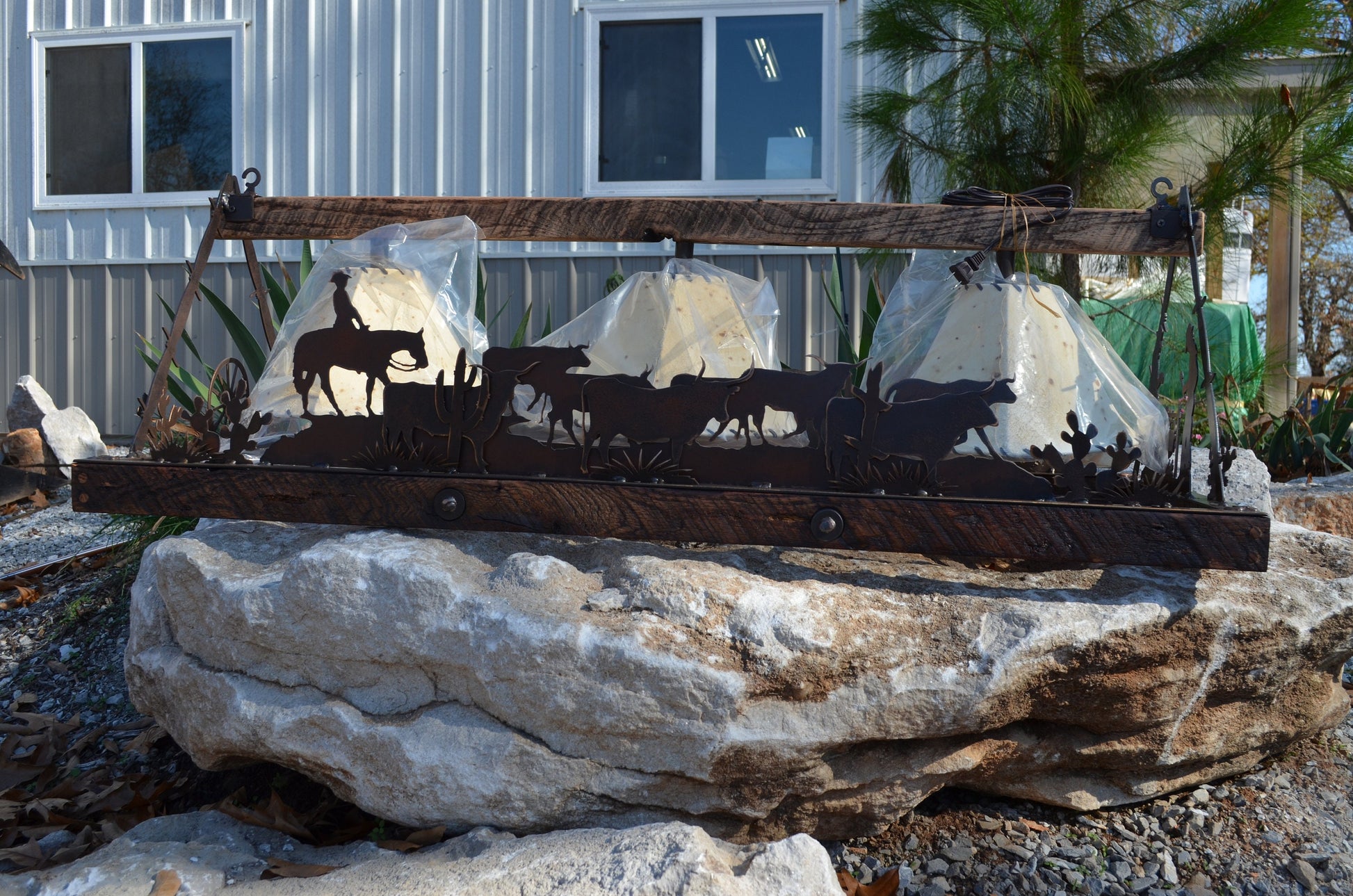 Chandelier Cattle Drive Light Western Chandelier Sheepskin Rustic Lodge Pendant Steer Cow Light Cowboy Cactus Pine Trees Barn Wood Frame