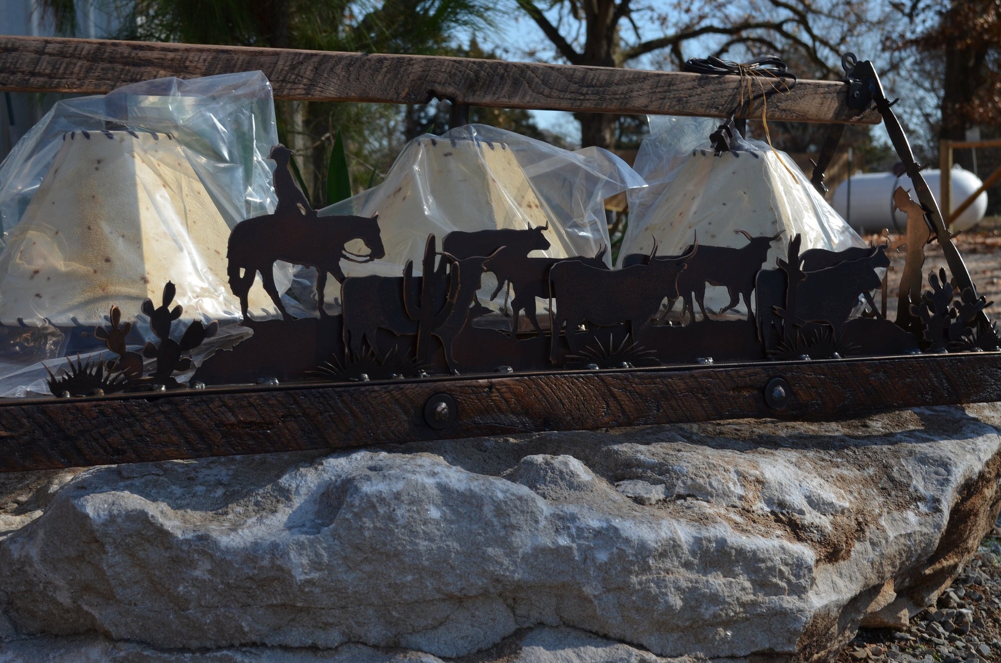 Chandelier Cattle Drive Light Western Chandelier Sheepskin Rustic Lodge Pendant Steer Cow Light Cowboy Cactus Pine Trees Barn Wood Frame