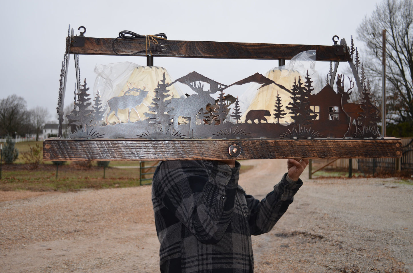 Chandelier Rustic Elk Moose Light Mountain Lodge Light Sheepskin Shades Cozy Cabin Chandelier Stunning Lakehouse Light Metal Art Handmade