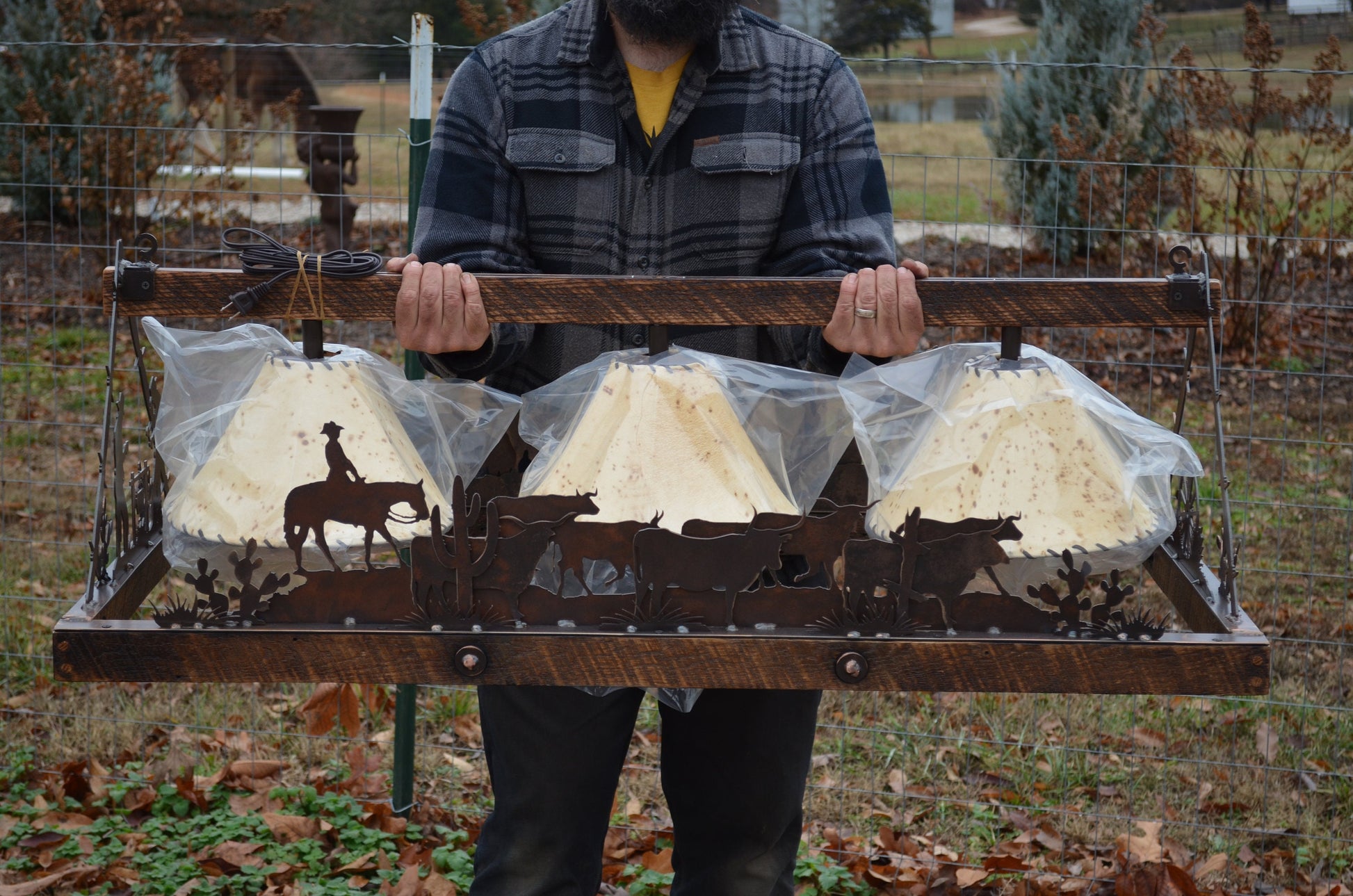 Western Cattle Drive Chandelier Free Shipping | Sheepskin Shades | Cowboy Cow Steer Cactus or Pine Trees | Barn Wood Frame | Handmade