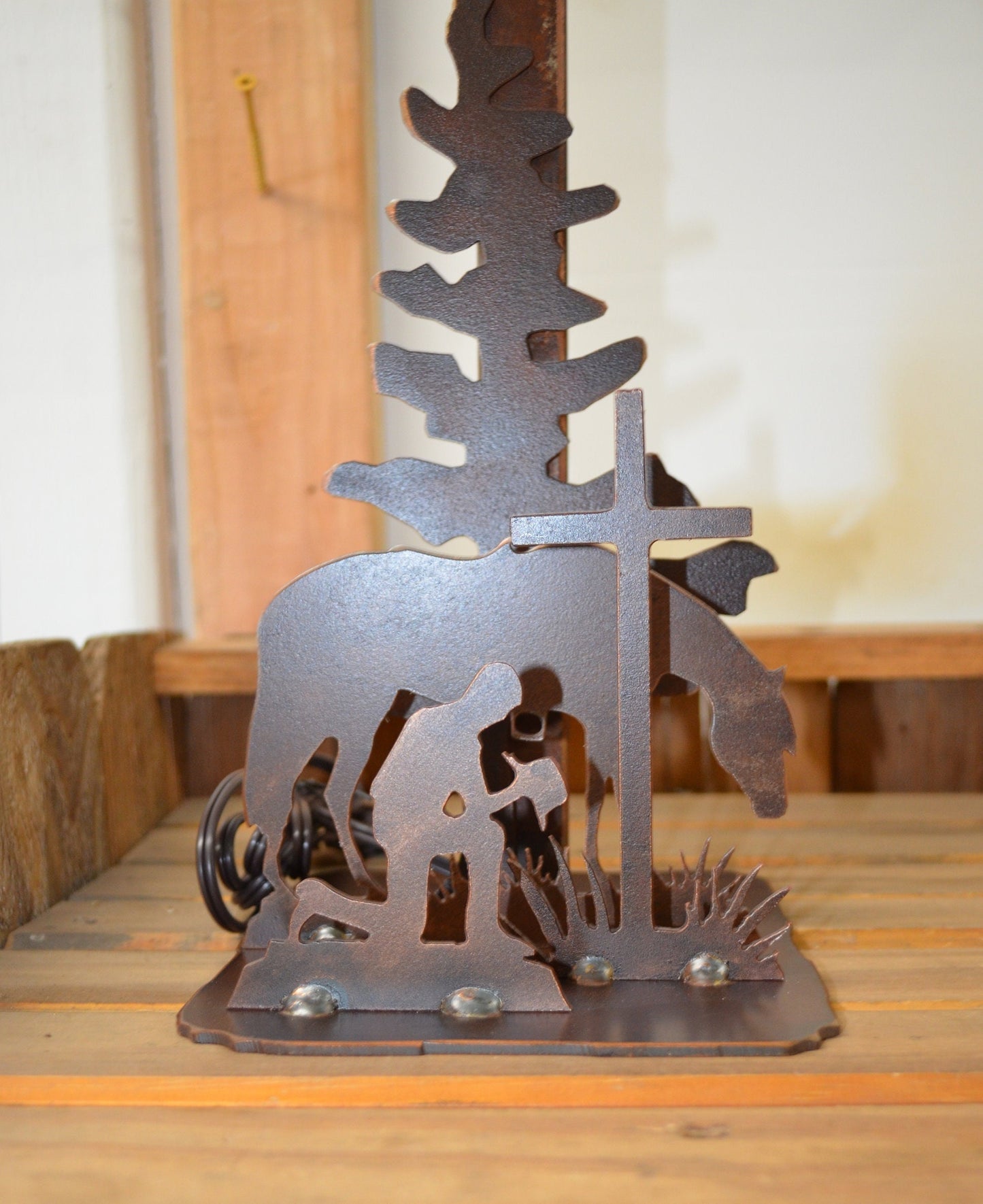 Lamp Rustic Cowboy for Christ Metal Table Lamp Christian Home Decor Accent. 20" Tall Lamp Cowboy Horse Cross Light Praying Gift Rustic Lamp