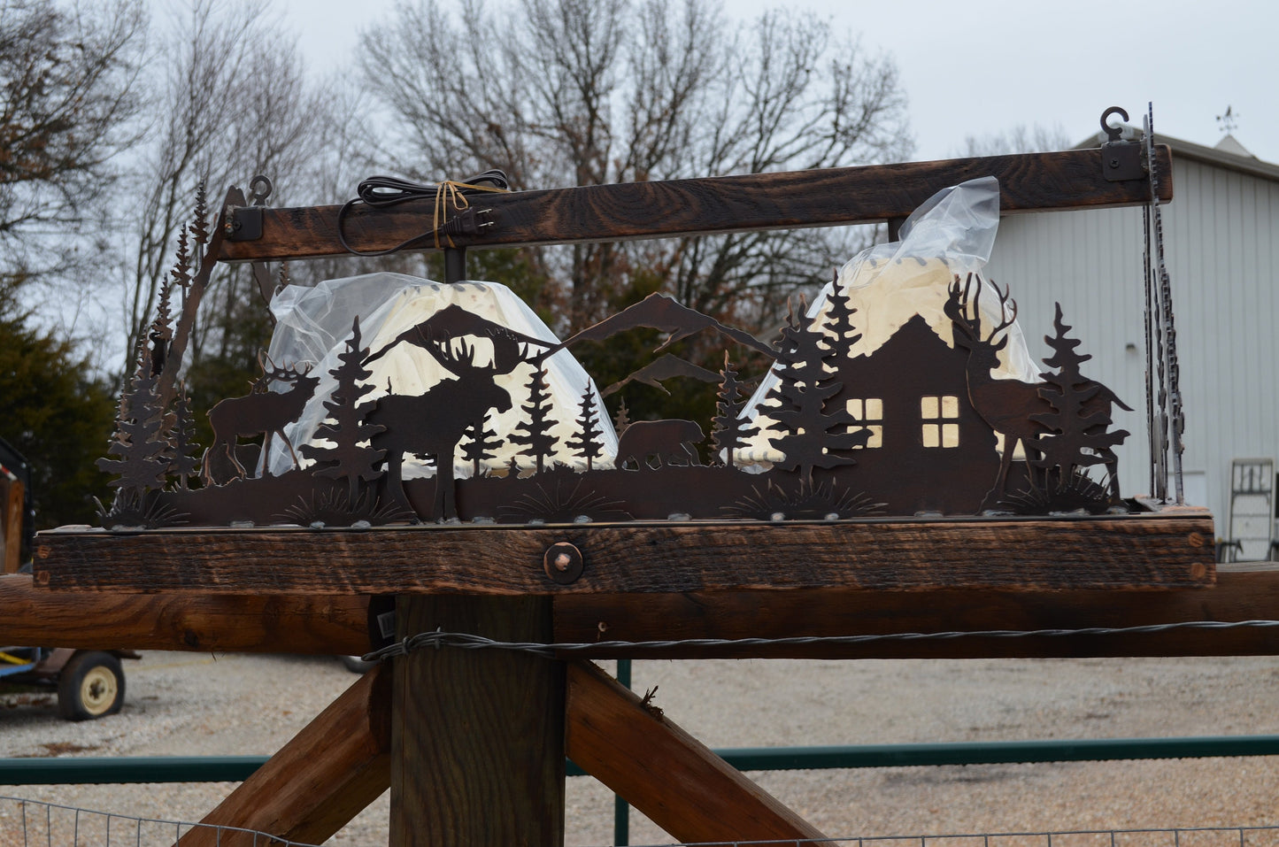 Chandelier Rustic Elk Moose Light Mountain Lodge Light Sheepskin Shades Cozy Cabin Chandelier Stunning Lakehouse Light Metal Art Handmade