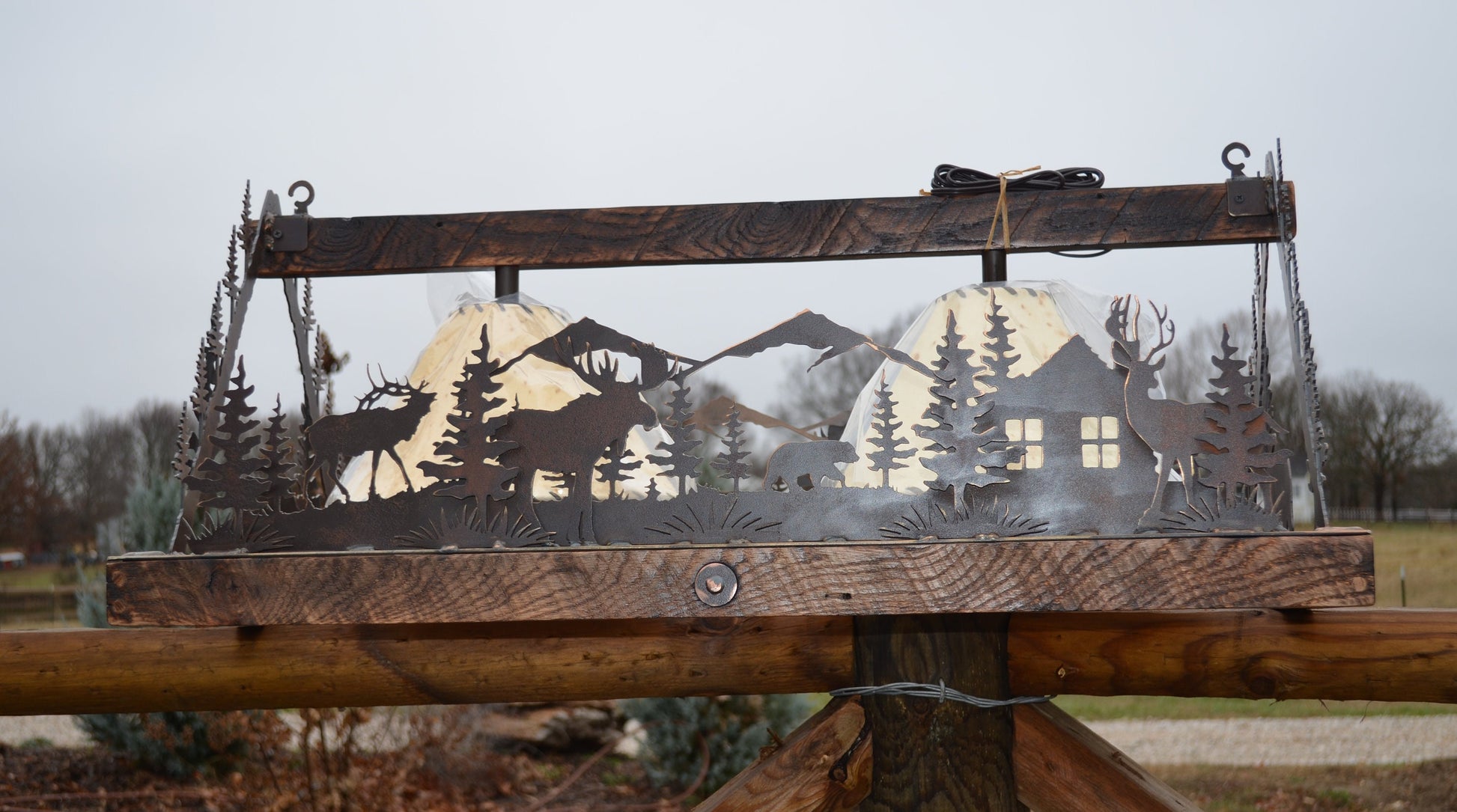 Metal Elk Deer bear and Moose Lodge Mountains Scene surround Amish Sheepskin Shades. Rustic Rectangle Chandelier.