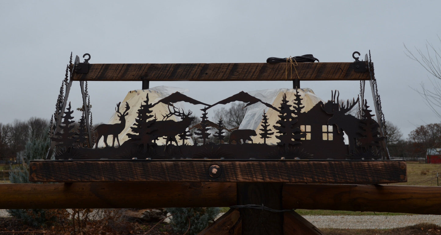 Rustic Rectangle Chandelier with Deer, elk, bear, and moose.Metal art and sheepskin shades, barn wood frame.