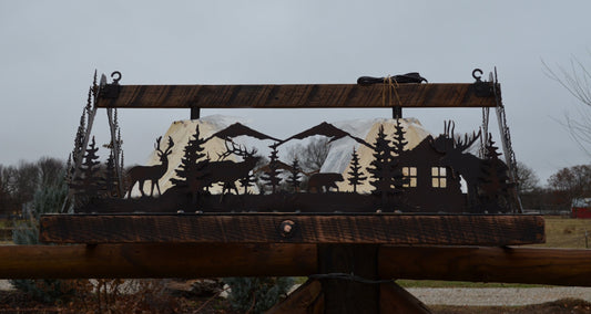 Rustic Rectangle Chandelier with Deer, elk, bear, and moose.Metal art and sheepskin shades, barn wood frame.