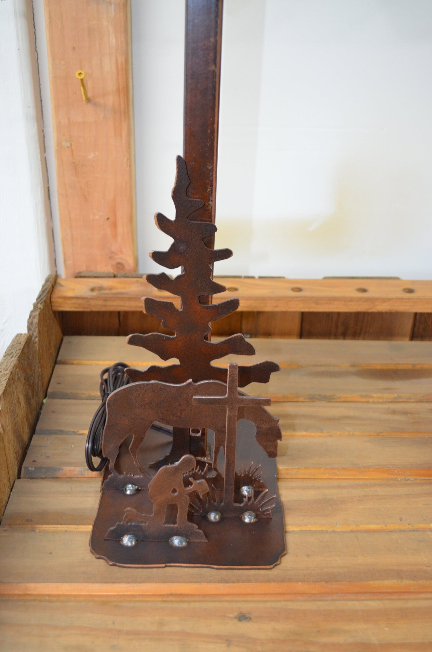 Lamp Rustic Cowboy for Christ Metal Table Lamp Christian Home Decor Accent. 20" Tall Lamp Cowboy Horse Cross Light Praying Gift Rustic Lamp