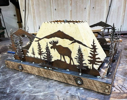 Pendant Rustic Chandelier Deer Elk Moose Light Mountain Cabin Light Pine Trees Barn Wood Frame Handmade Bear Chandelier 24" One Light.