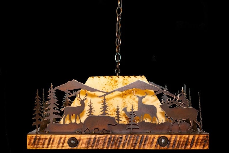 Pendant Rustic Chandelier Deer Elk Moose Light Mountain Cabin Light Pine Trees Barn Wood Frame Handmade Bear Chandelier 24" One Light.