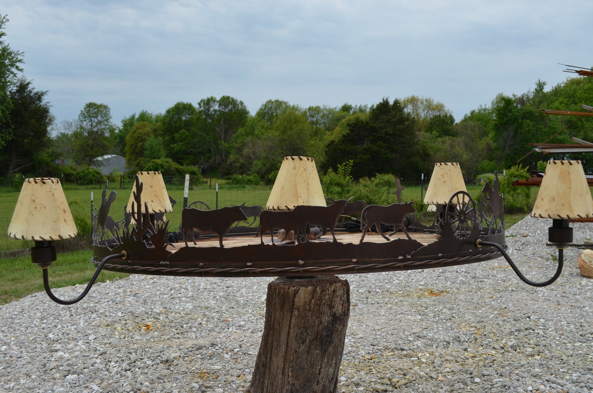 Authentic Wagon Wheel Chandelier Rustic Branding Scene Western Cowboy Light Cattle Handmade Sheepskin Barn wood Chandelier Ranch Light