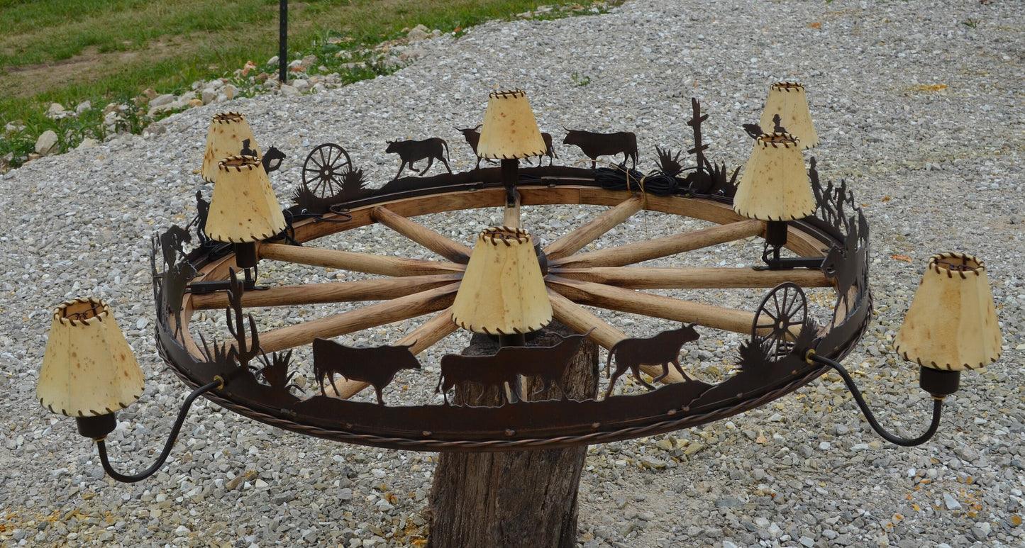 Authentic Wagon Wheel Chandelier Rustic Branding Scene Western Cowboy Light Cattle Handmade Sheepskin Barn wood Chandelier Ranch Light