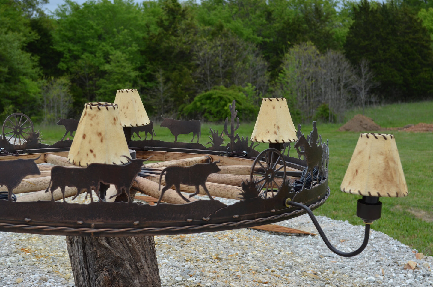 Authentic Wagon Wheel Chandelier Rustic Branding Scene Western Cowboy Light Cattle Handmade Sheepskin Barn wood Chandelier Ranch Light