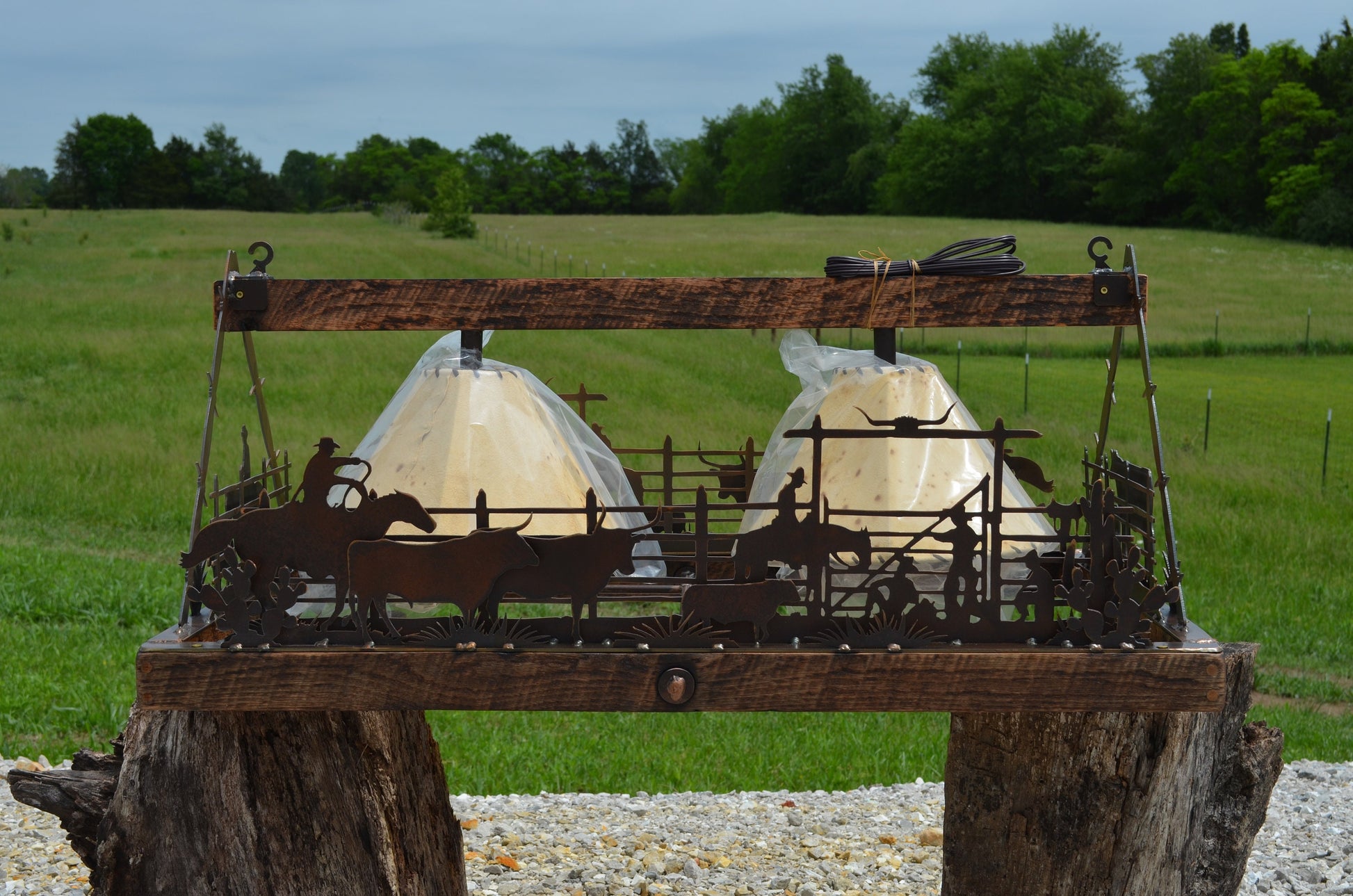 Chandelier Corral Rectangle Light Rustic Western Pendant Sheepskin Shades Handmade Cowboy Chandelier Cattle Farm Light