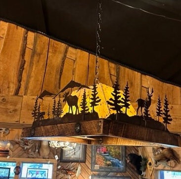 Pendant Rustic Chandelier Deer Elk Moose Light Mountain Cabin Light Pine Trees Barn Wood Frame Handmade Bear Chandelier 24" One Light.