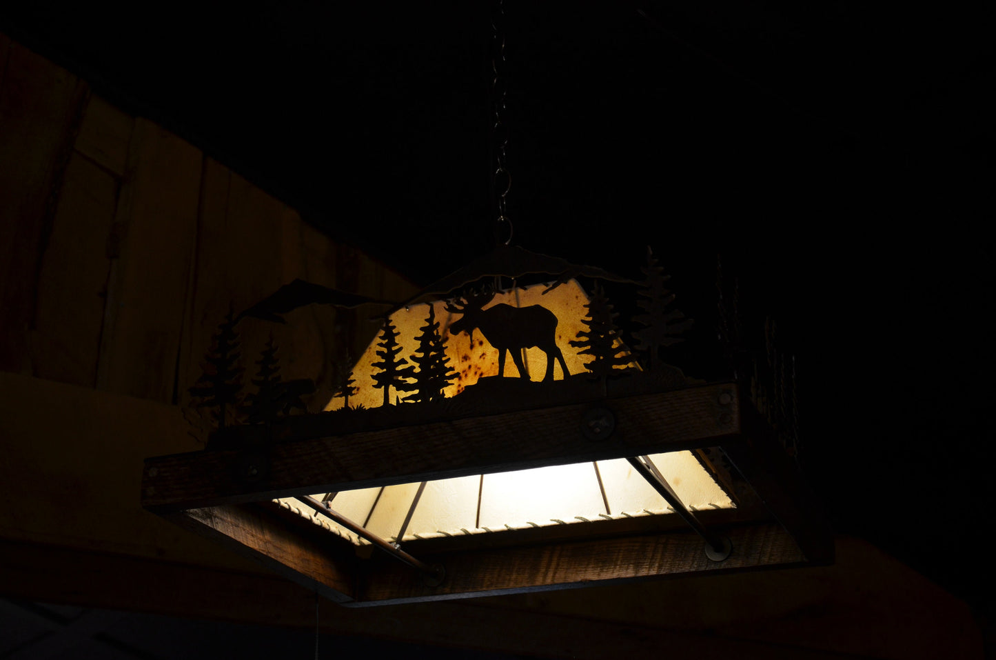 Pendant Rustic Chandelier Deer Elk Moose Light Mountain Cabin Light Pine Trees Barn Wood Frame Handmade Bear Chandelier 24" One Light.