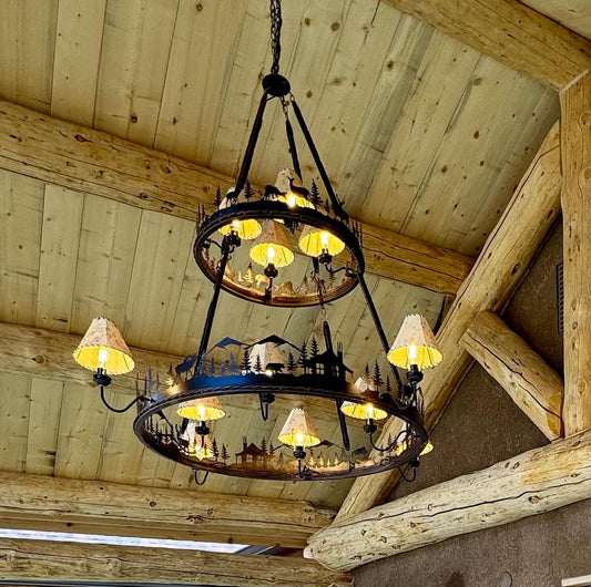 Large two tier rustic chandelier with 12 lights