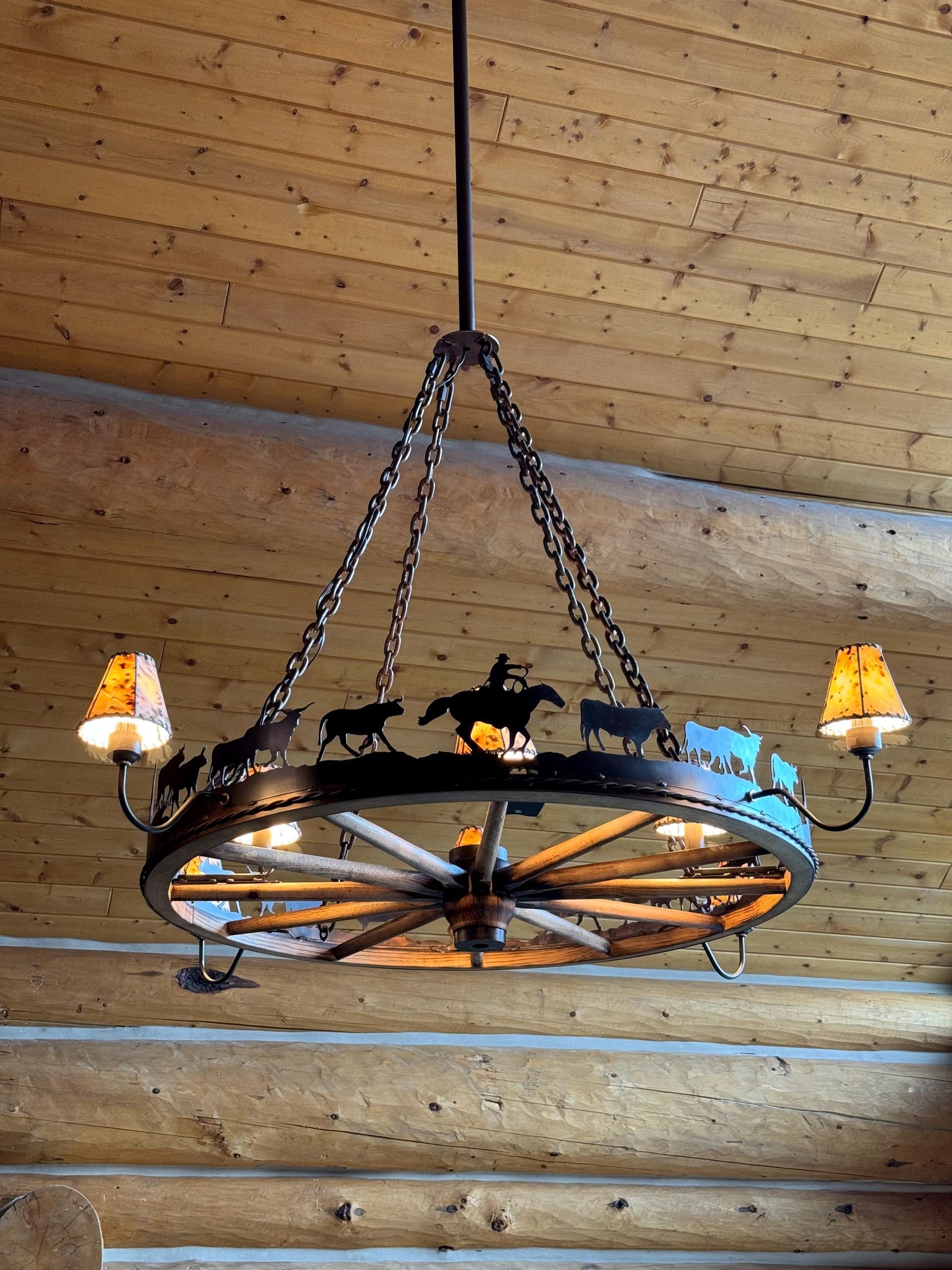 Chandelier Authentic Wagon Wheel Light Cattle Drive Western Light Rustic Chandelier Cowboy Light Handmade Sheepskin Rustic Lodge Light