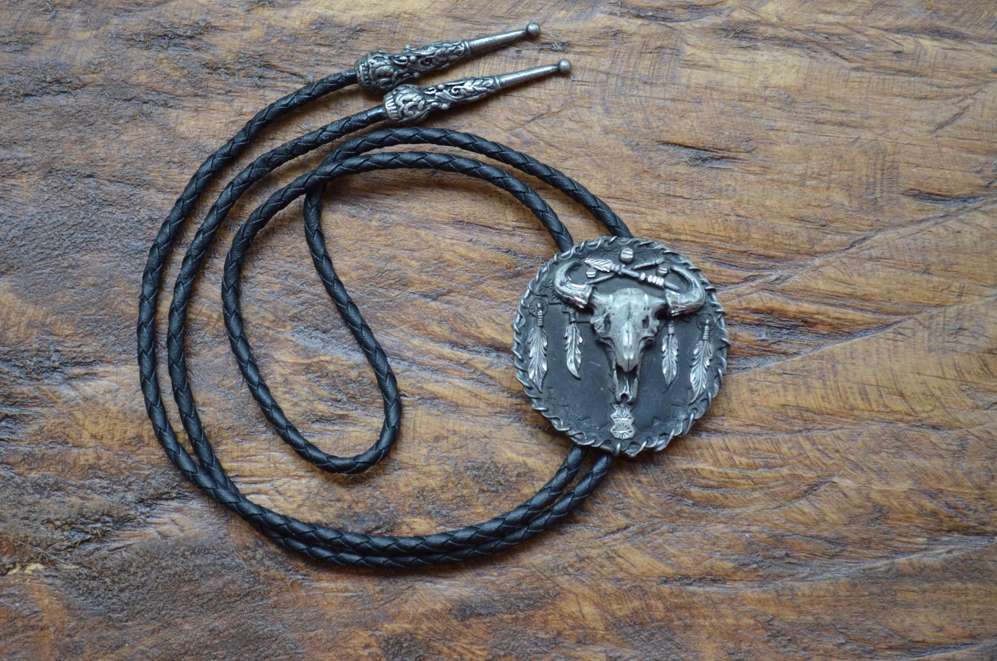 Vintage Bolo Buffalo Skull Feathers Spear Western Accessory