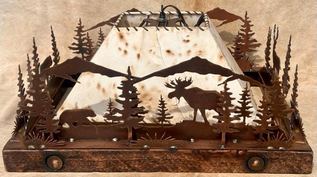 Pendant Rustic Chandelier Deer Elk Moose Light Mountain Cabin Light Pine Trees Barn Wood Frame Handmade Bear Chandelier 24" One Light.