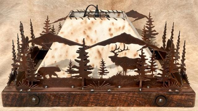 Pendant Rustic Chandelier Deer Elk Moose Light Mountain Cabin Light Pine Trees Barn Wood Frame Handmade Bear Chandelier 24" One Light.