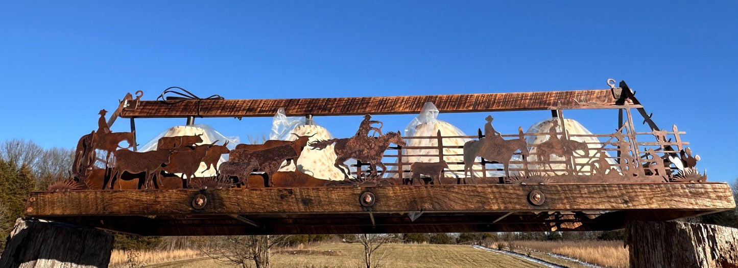 Cattle Drive to Corral Large Chandelier Free Shipping Sheepskin Shades Ranch Lighting Barn Wood Frame Handmade Western Chandelier