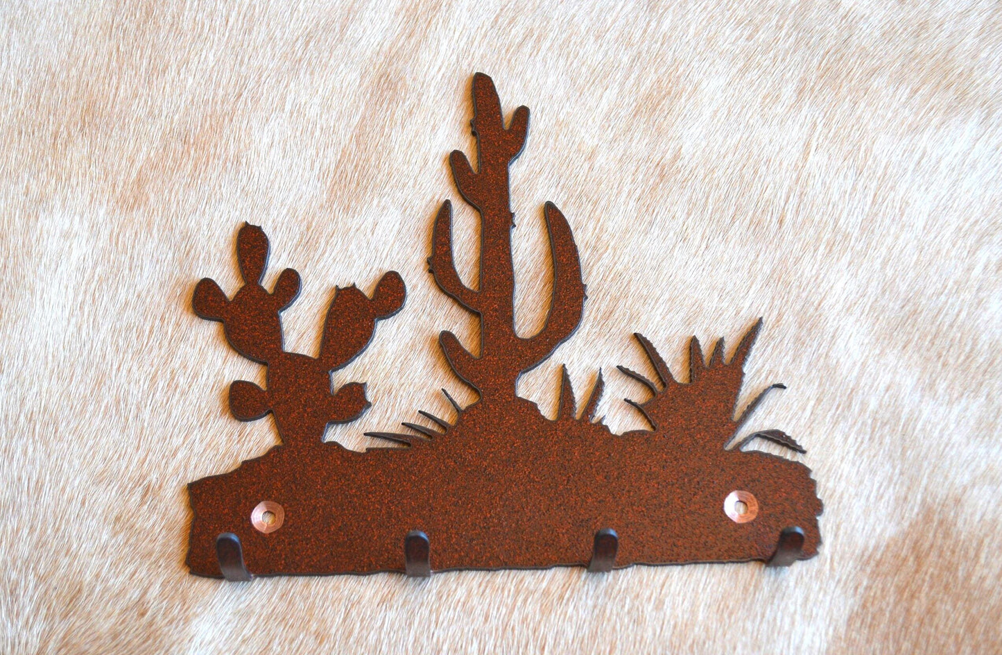 Saguaro PricklyPear and Agave Cactus metal key hanger.