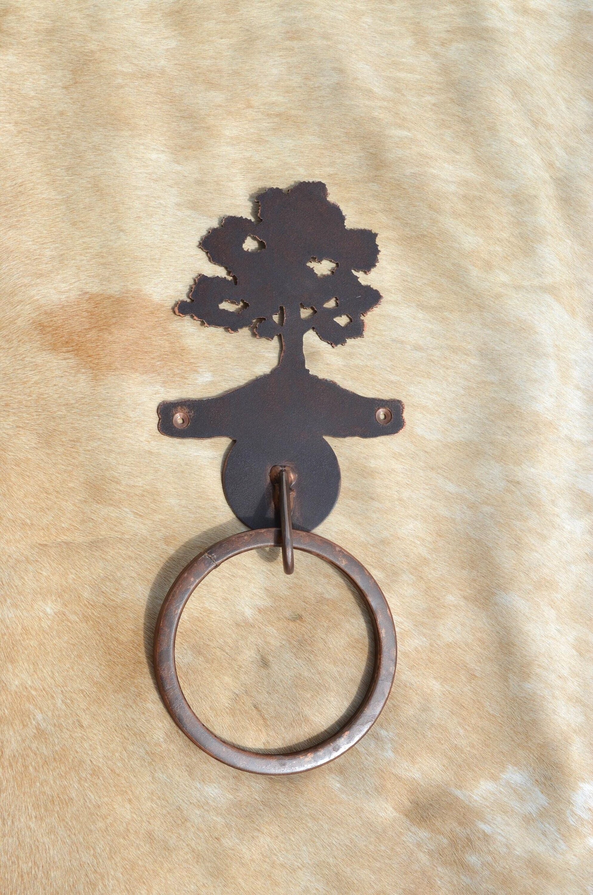 Towel Ring Mighty Oak Rustic Lodge Tree Towel Ring Cabin Bath Decor Handmade Metal Oak Tree Bathroom Lake house Decor Gift