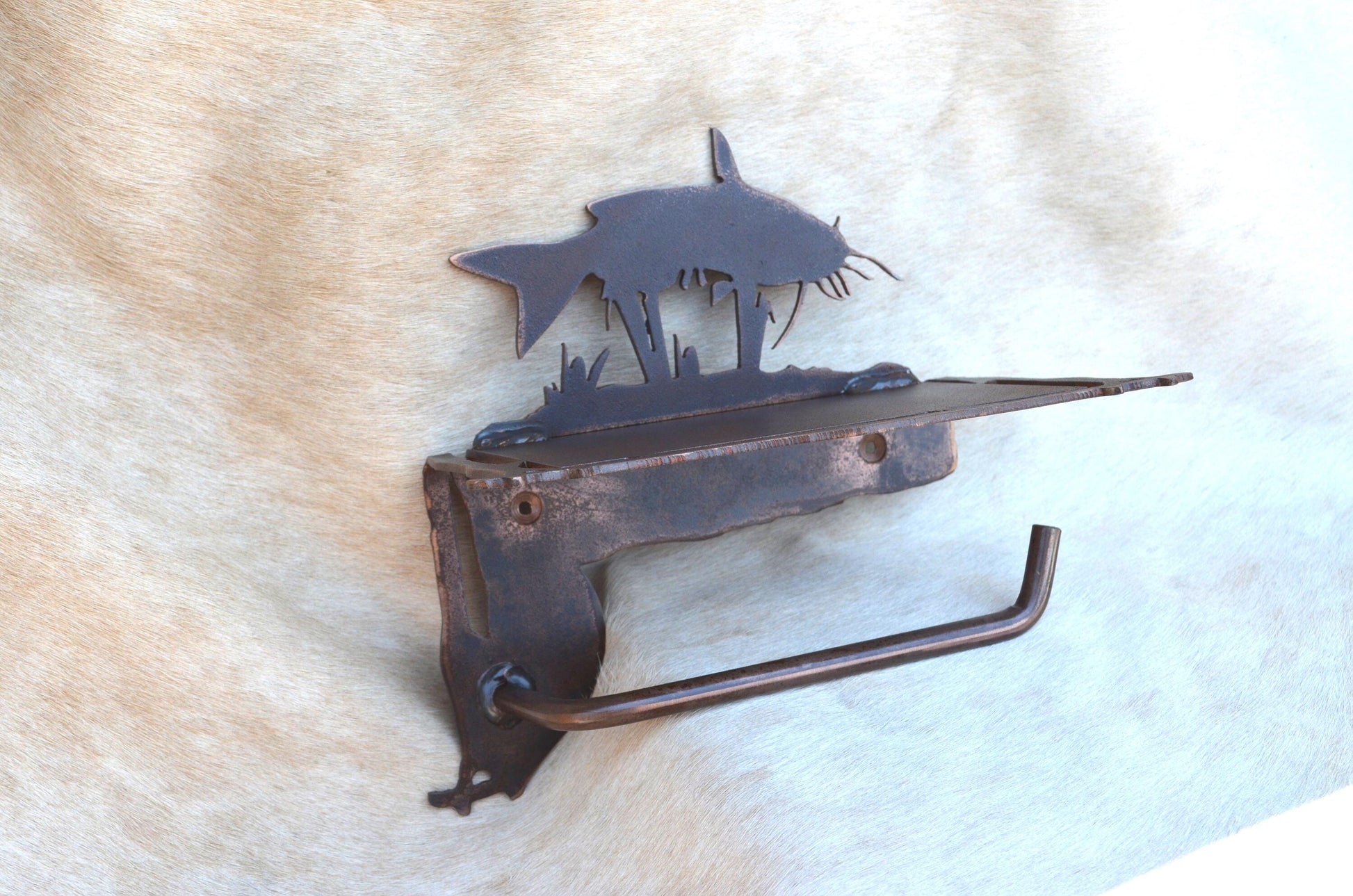 Rustic TP Holder With Shelf Catfish Rustic bathroom fisherman Gift Toilet Paper Holder Shelf for Phone Rustic Decor Gift Handmade