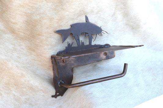 Rustic TP Holder With Shelf Catfish Rustic bathroom fisherman Gift Toilet Paper Holder Shelf for Phone Rustic Decor Gift Handmade