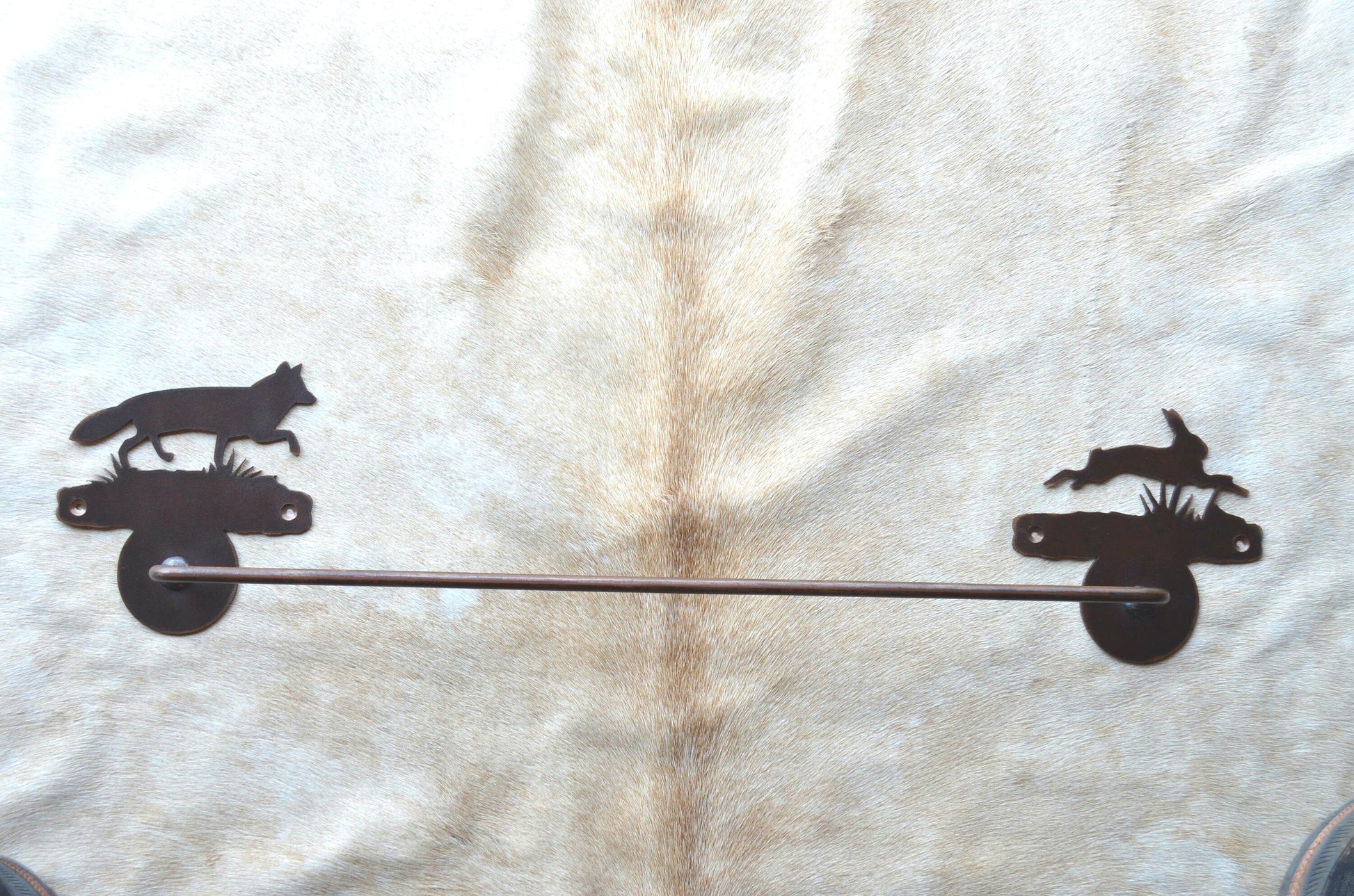 Towel Bar Fox and Rabbit Rustic Bath Towel Bar Handmade Metal Bath Decor Fox Bunny Gift Lakehouse bath gift Lodge Decor
