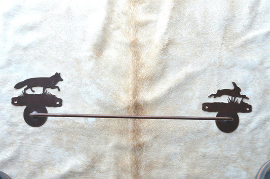 Towel Bar Fox and Rabbit Rustic Bath Towel Bar Handmade Metal Bath Decor Fox Bunny Gift Lakehouse bath gift Lodge Decor