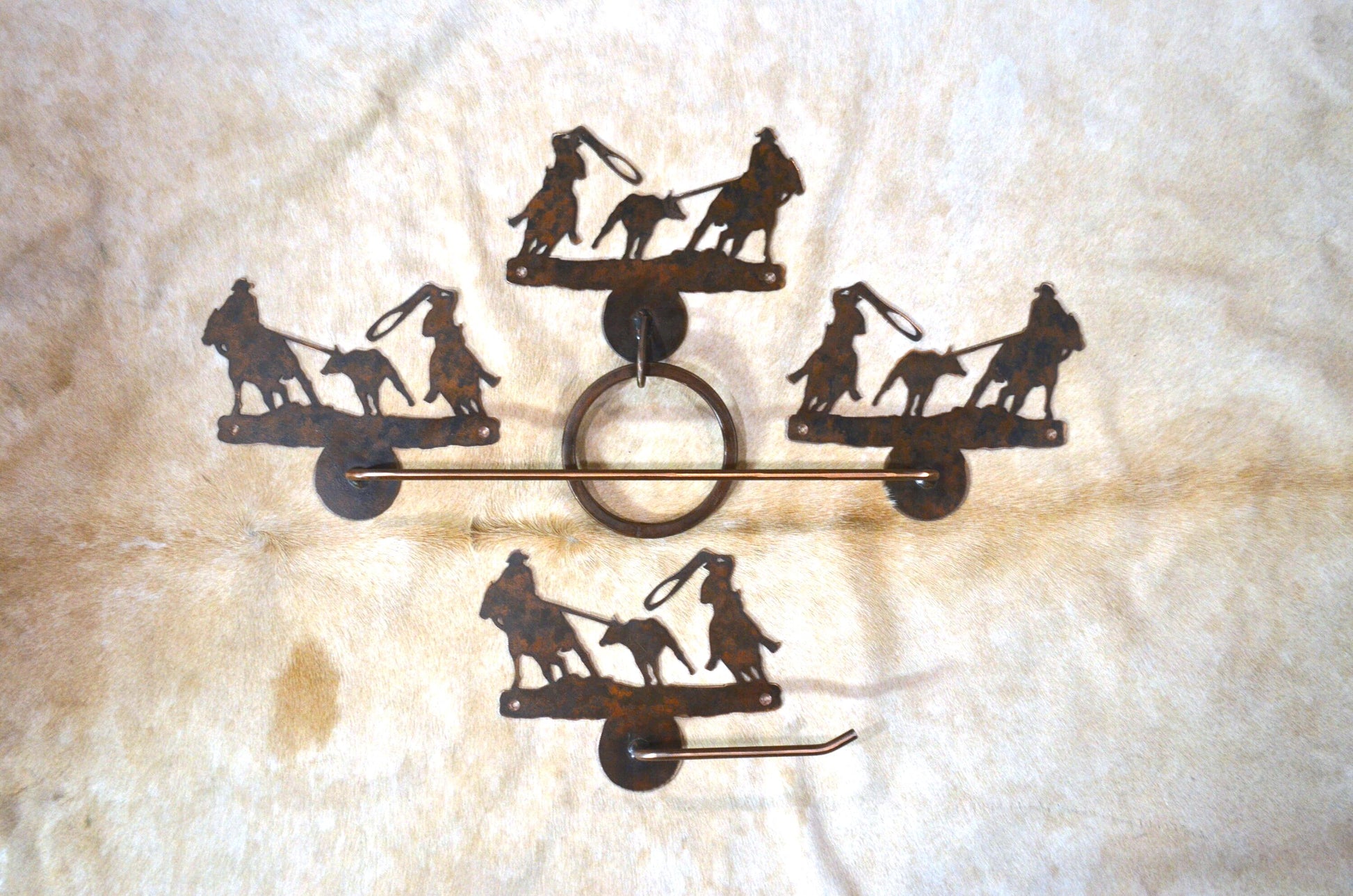 Towel Bar Set Team Roping Cowboy Bathroom Hardware Rustic Cowboy Metal Decor Towel Hook Towel Ring TP Holder Rodeo Bath Gift Cowboy Decor