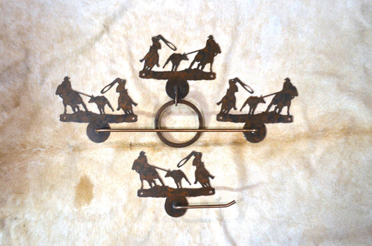 Towel Bar Set Team Roping Cowboy Bathroom Hardware Rustic Cowboy Metal Decor Towel Hook Towel Ring TP Holder Rodeo Bath Gift Cowboy Decor
