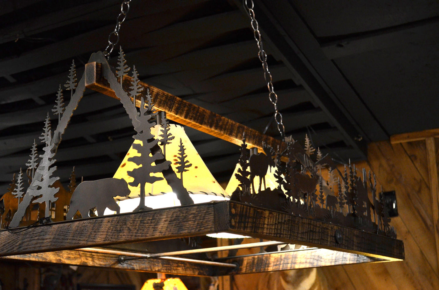 Chandelier Deer Lodge Light Elk Moose Rectangle Light Mountain Cabin Bear Chandelier Wood Metal Art Rustic Lakehouse Chandelier Handmade