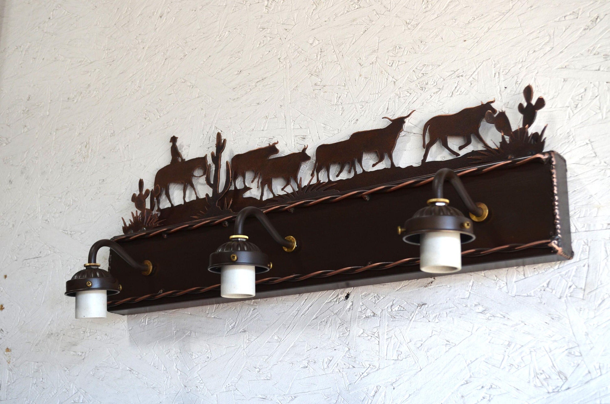 Cattle Drive Vanity Light Western Cowboy Light Rustic Western bathroom Light Evergreen or Cactus Handmade Rustic Bathroom Wall Mount Light