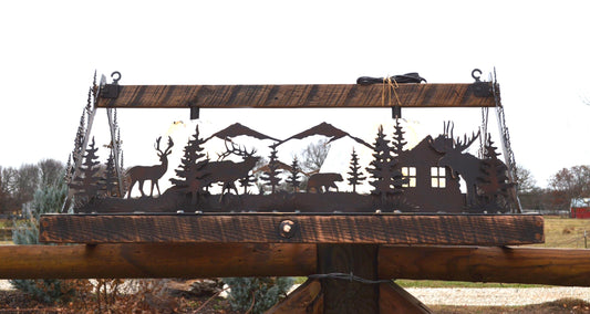 Rustic Rectangle Chandelier with Deer, elk, bear, and moose.Metal art and sheepskin shades, barn wood frame.