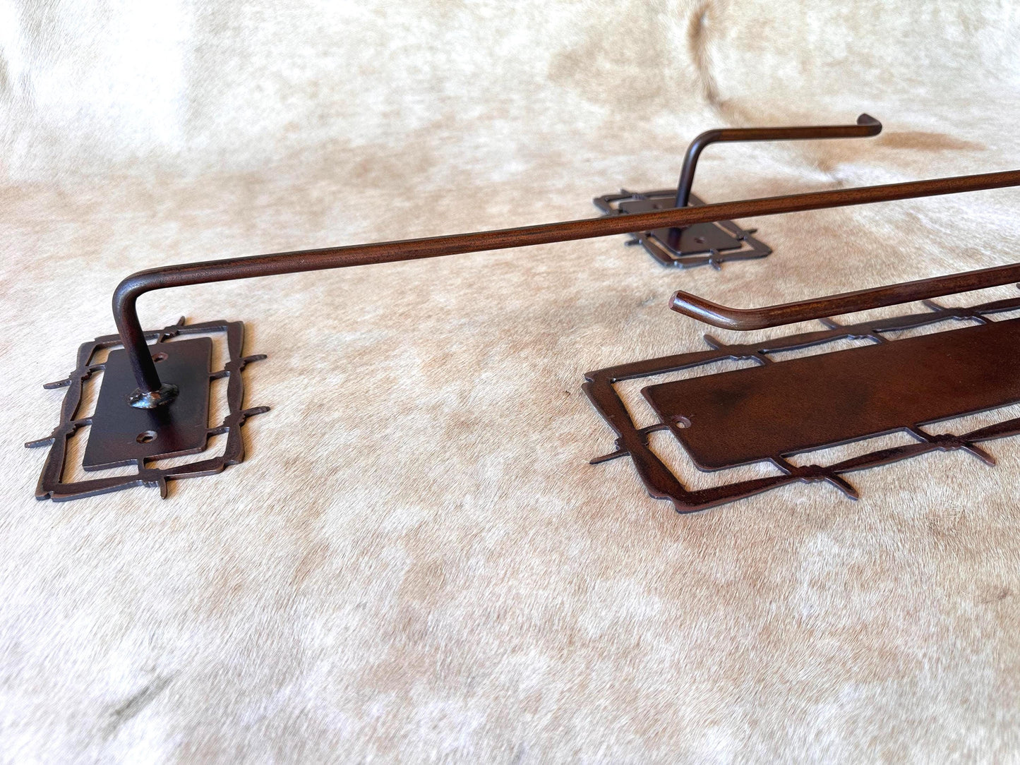 Rustic Barbwire Towel Bar Set: Western Bathroom Decor, Copper Patina