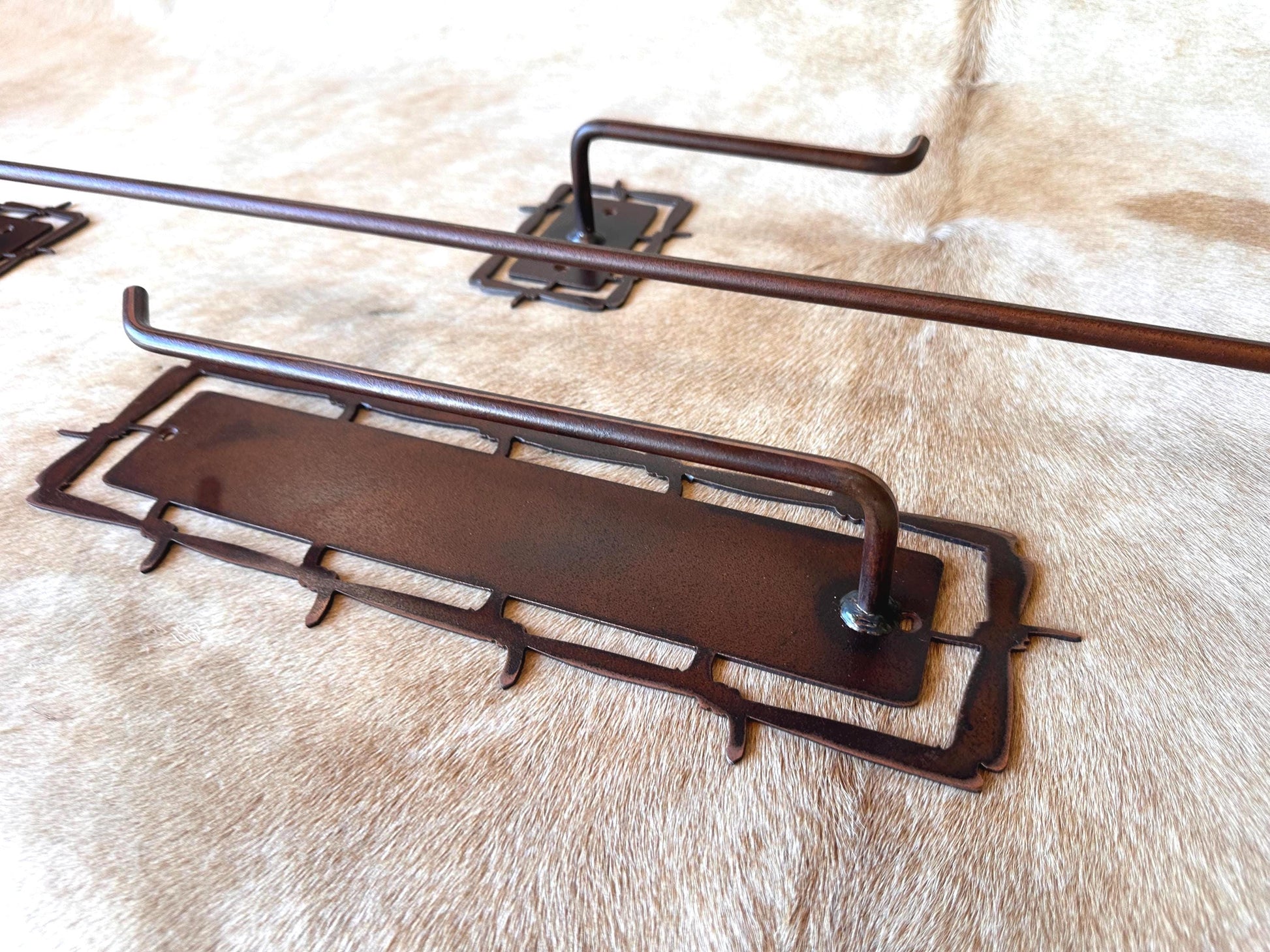 Rustic Barbwire Towel Bar Set: Western Bathroom Decor, Copper Patina