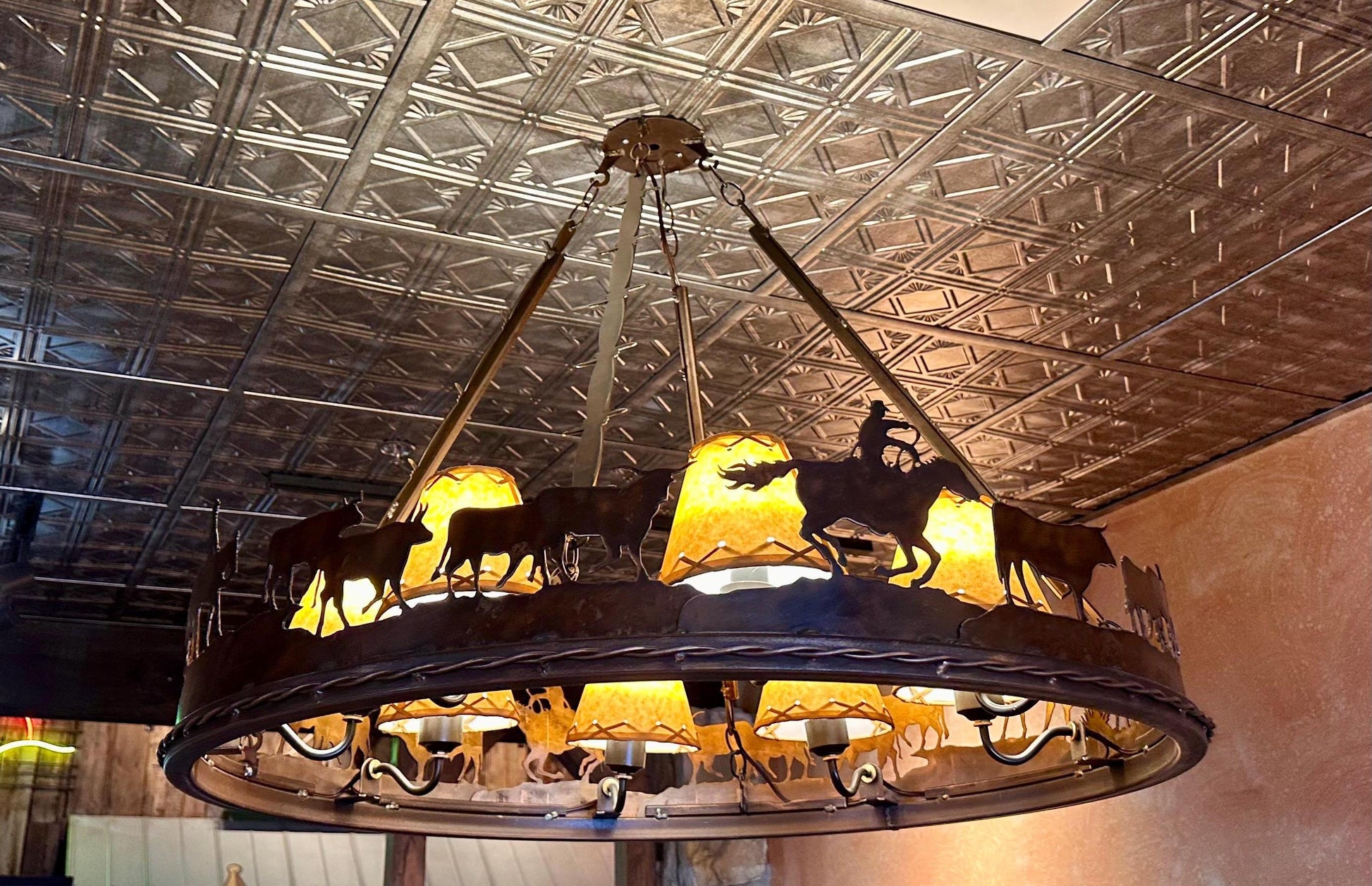 Western Chandelier Cowboy Cattle Drive Handmade Western Lighting Metal Ring Ranch Light