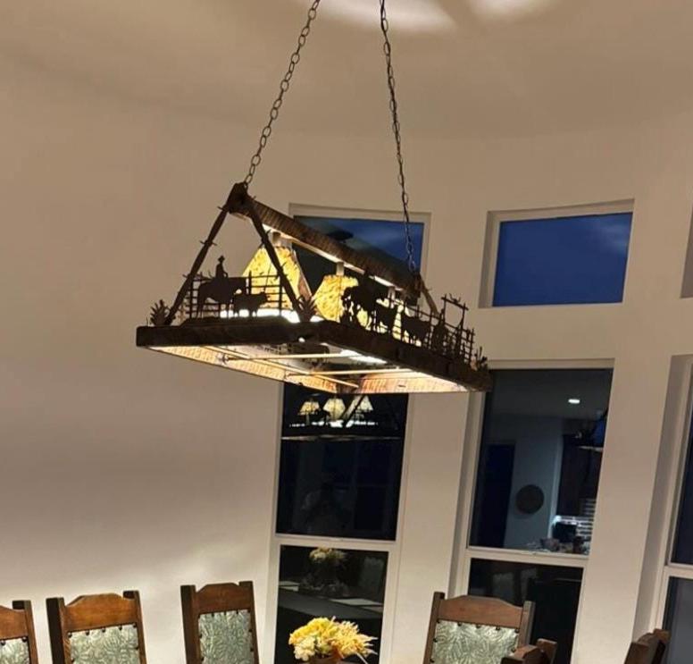 Western Chandelier Handmade with Reclaimed Barn Wood, Sheepskin Shades, Corral Scene Handmade in the USA. Rectangle Cowboy Chandelier