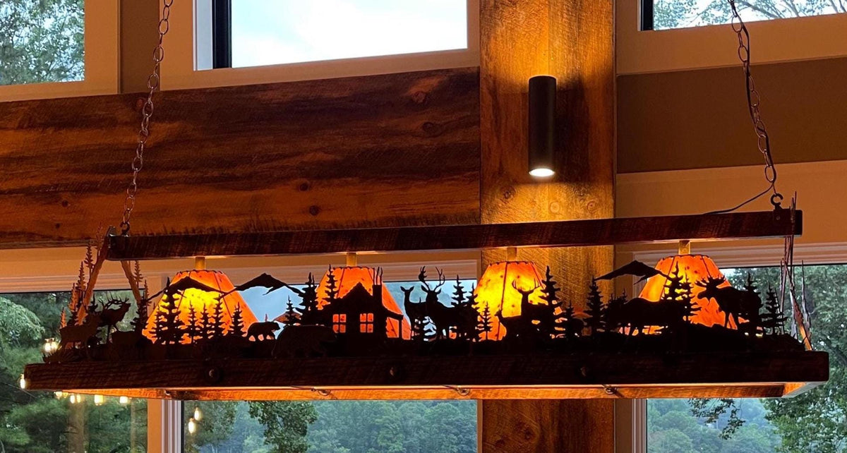 Chandelier Rustic Elk Moose Light Mountain Lodge Light Sheepskin Shades Cozy Cabin Chandelier Stunning Lakehouse Light Metal Art Handmade