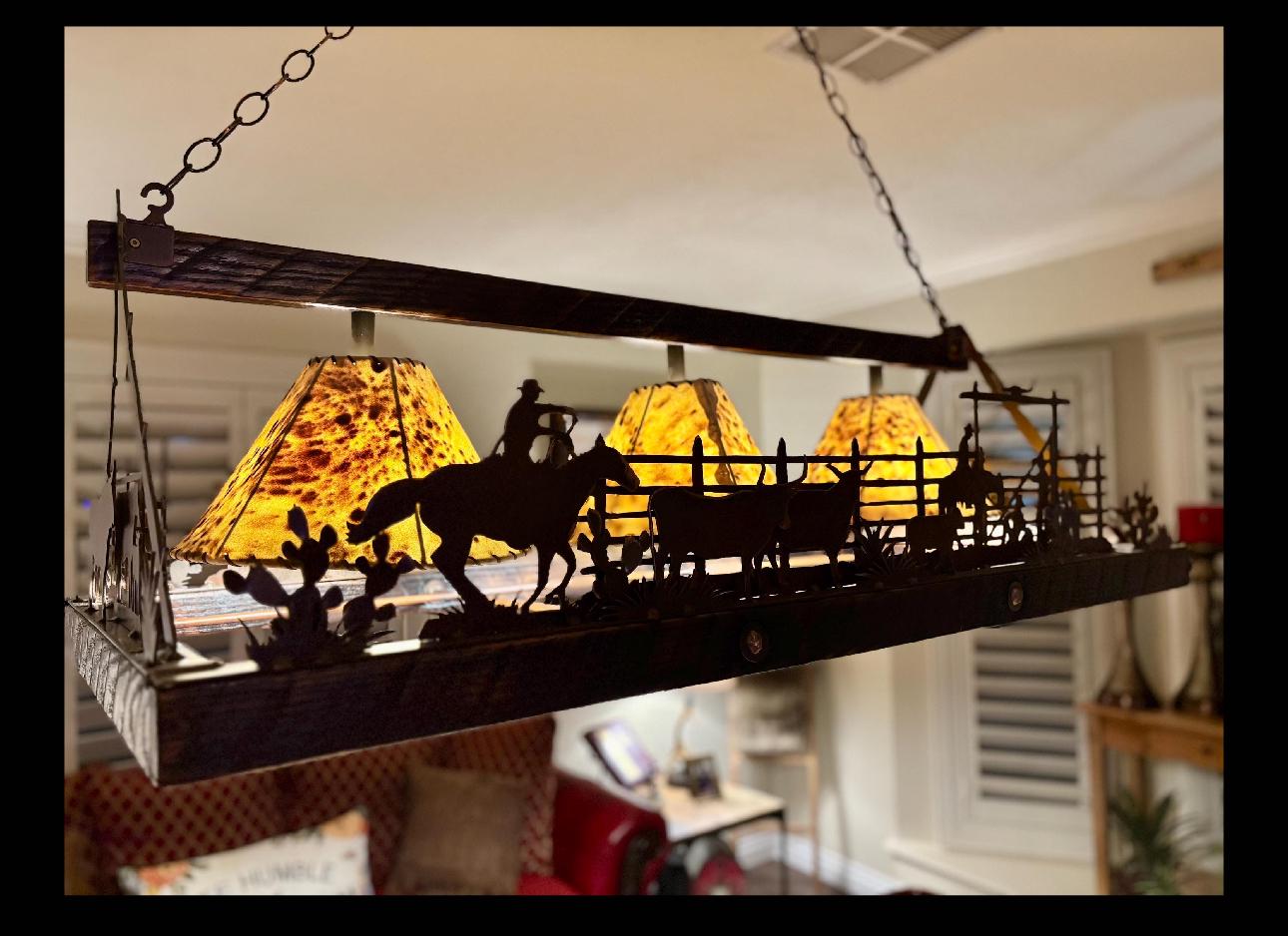 Western Chandelier Handmade with Reclaimed Barn Wood, Sheepskin Shades, Corral Scene Handmade in the USA. Rectangle Cowboy Chandelier
