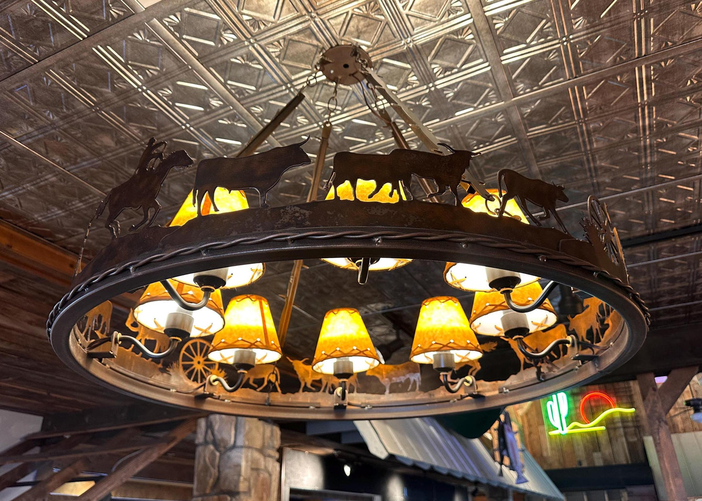 Western Chandelier Cowboy Cattle Drive Handmade Western Lighting Metal Ring Ranch Light