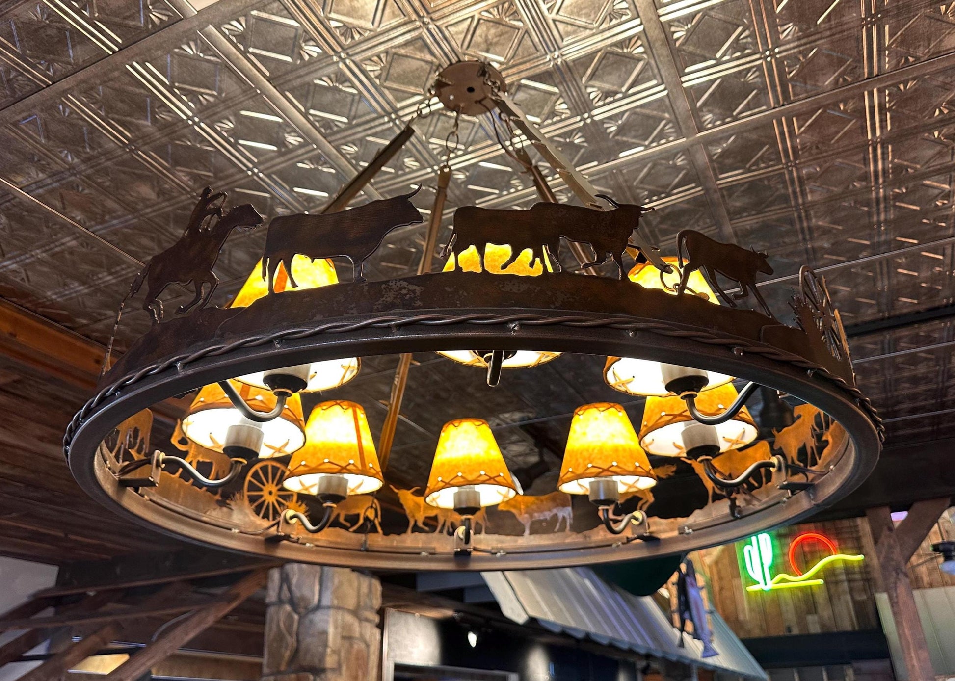 Western Chandelier Cowboy Cattle Drive Handmade Western Lighting Metal Ring Ranch Light