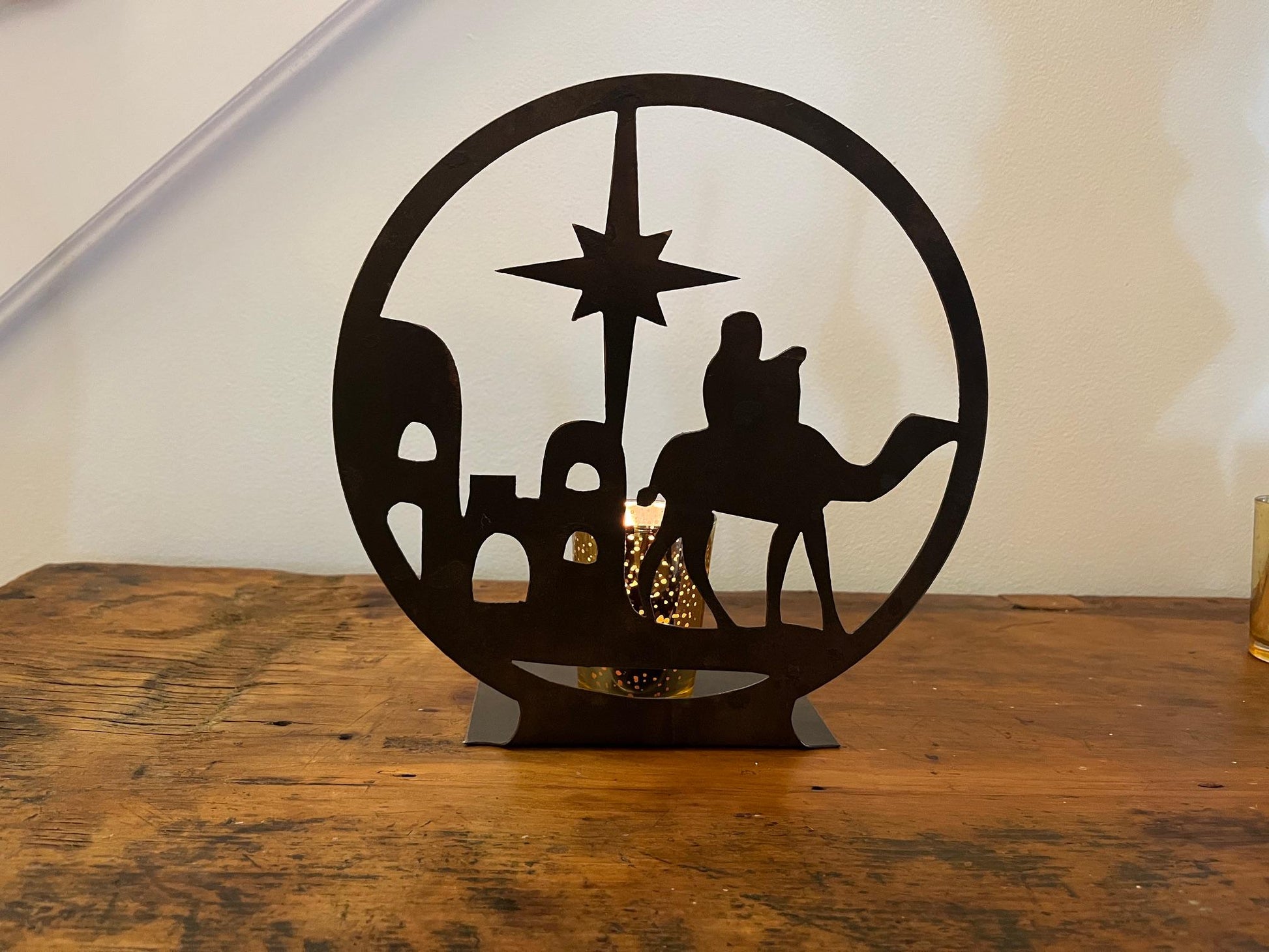 Nativity Circle Christmas Table Decor Rustic Metal Nativity Scene Holiday Decor 10" Tall, Candle Not Included