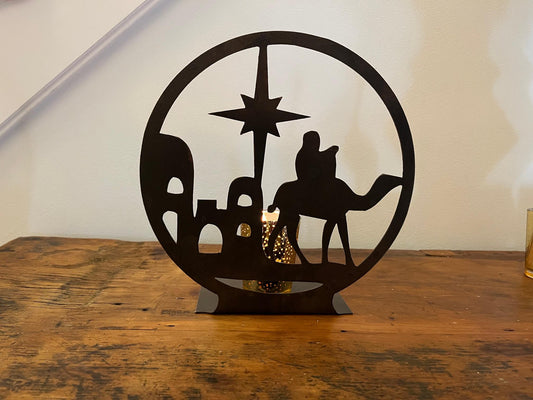 Nativity Circle Christmas Table Decor Rustic Metal Nativity Scene Holiday Decor 10" Tall, Candle Not Included