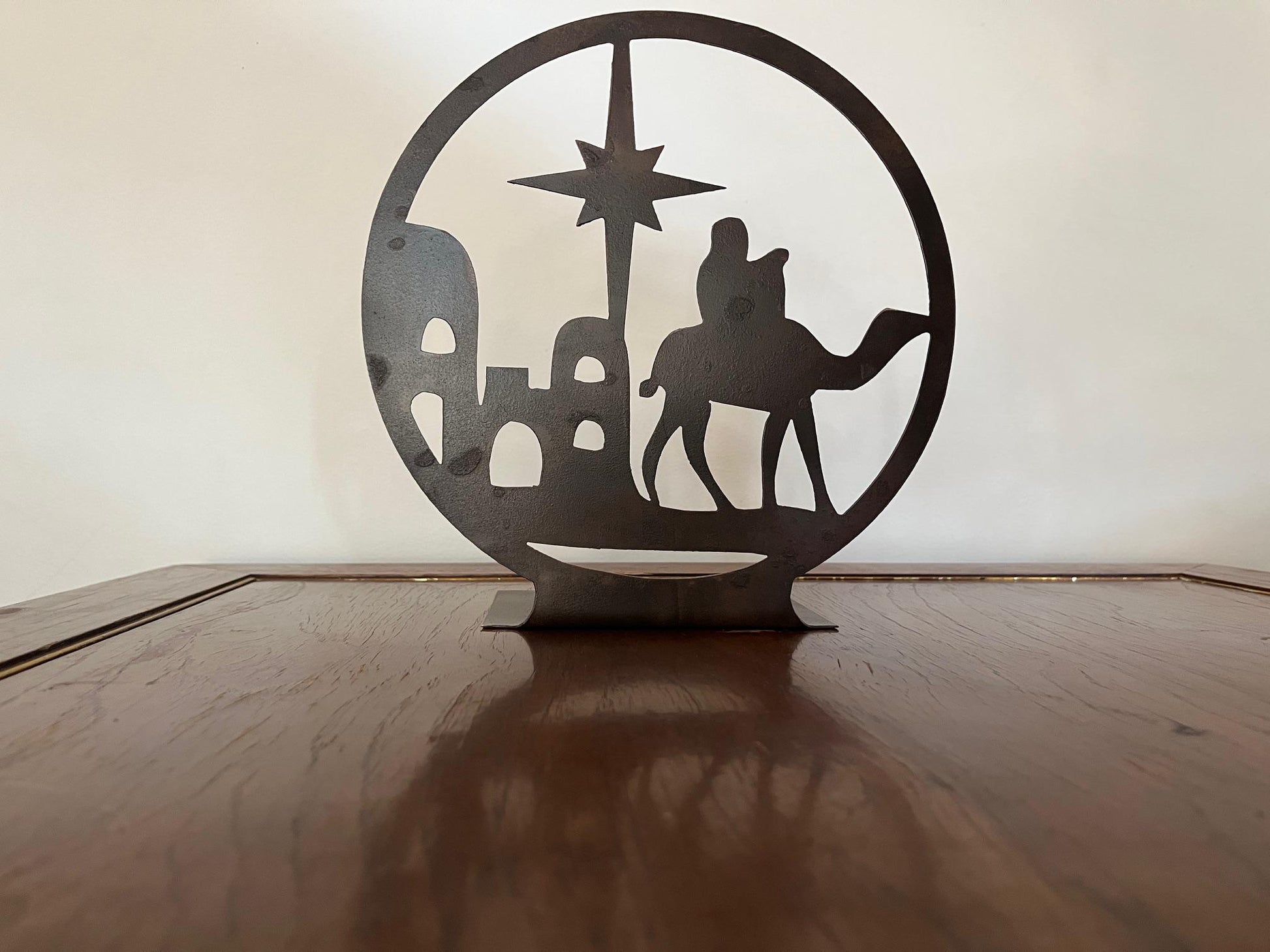 Nativity Circle Christmas Table Decor Rustic Metal Nativity Scene Holiday Decor 10" Tall, Candle Not Included